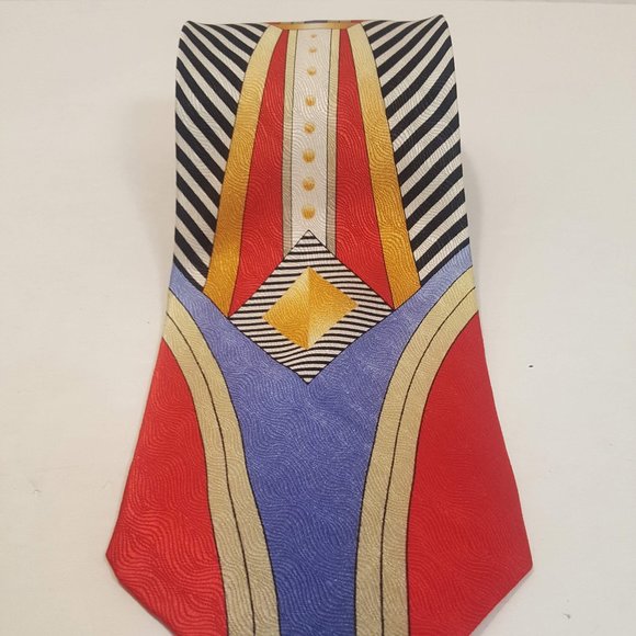 Silk Necktie w/European Art Deco Styling w/Red Blue Silver & White Colors NWOT - Picture 3 of 5